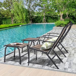 Black Textilene and Iron Outdoor Lounge Chair with Armrests and Ottoman in Brown