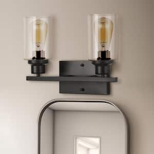 14.5 in. 2-Light Industrial Matte Black Vanity Light Fixtures for Bathroom with Clear Glass Shades (Bulbs Not Included)