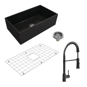 Contempo Matte Black Fireclay 33 in. Single Bowl Farmhouse Apron Front Kitchen Sink with Faucet