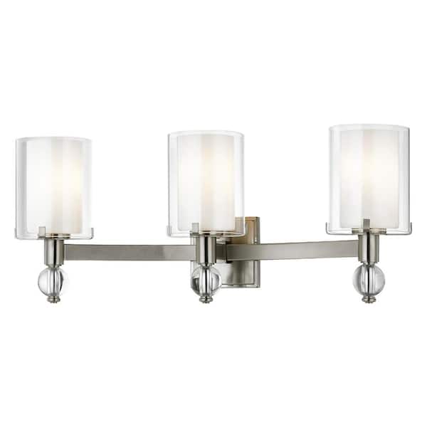 Fifth and Main Lighting Sofia 3-Light Satin Nickel Sconce with Clear Outer Glass and Opal Inner Glass