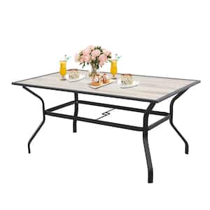 Beige Metal Outdoor Square Patio Dining Table with Umbrella Hole and Wood-Look Tabletop