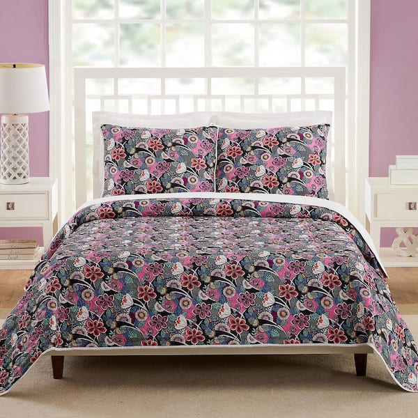 Vera Bradley Lanai Floral 3 Piece Multi Colored Brushed Polyester Fullqueen Quilt Set 1653