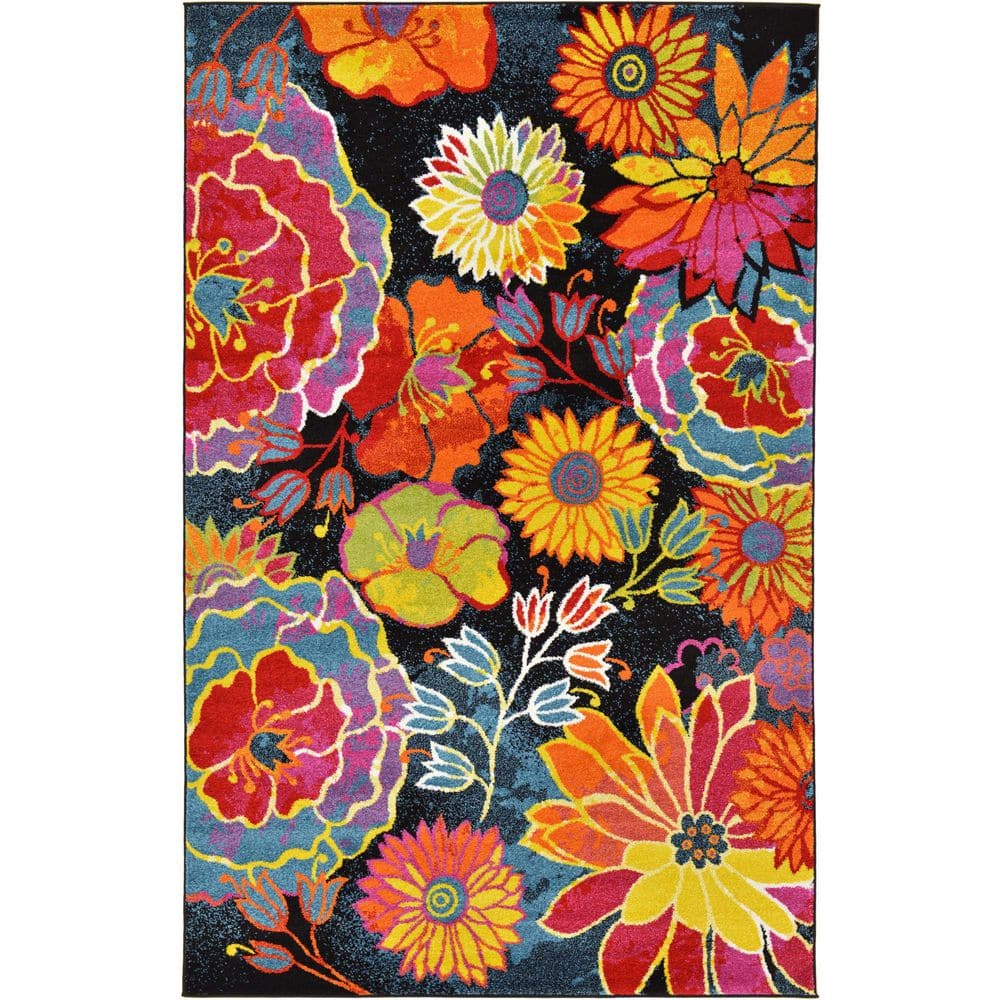 Black Floral Synthetic Rectangular Indoor Area Rug