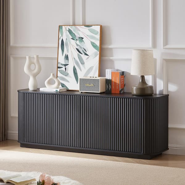 64 in. Wood Pantry Organizer Wooden Vertical Striped Cabinet with Wave Pattern in Black
