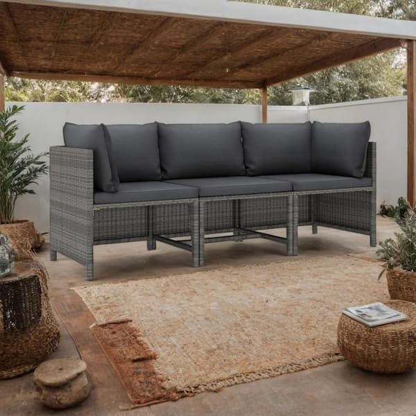 Benjara 3-Piece Gray Wicker Rattan Outdoor Modular Sectional Sofa with Gray Cushion