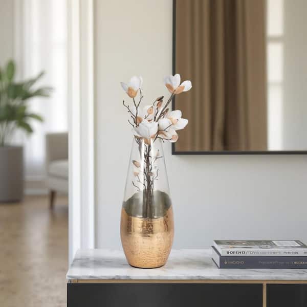 Liv & Skye 19 in. Clear/Gold Glass Round Dipped Decorative Vase 18267-06