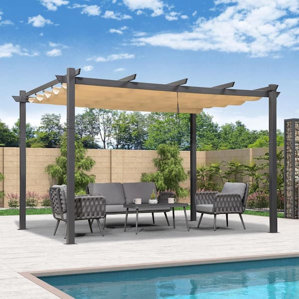 PURPLE LEAF 11 ft. x 13 ft. Gray Aluminum Frame Outdoor Patio Pergola with Beige Retractable Sun Shade Canopy for Porch Garden Beach