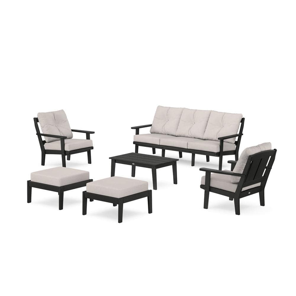 POLYWOOD Mission 6Pcs Plastic Lounge Sofa Set in Black/Dune Burlap Cushions PWS21372BL145999