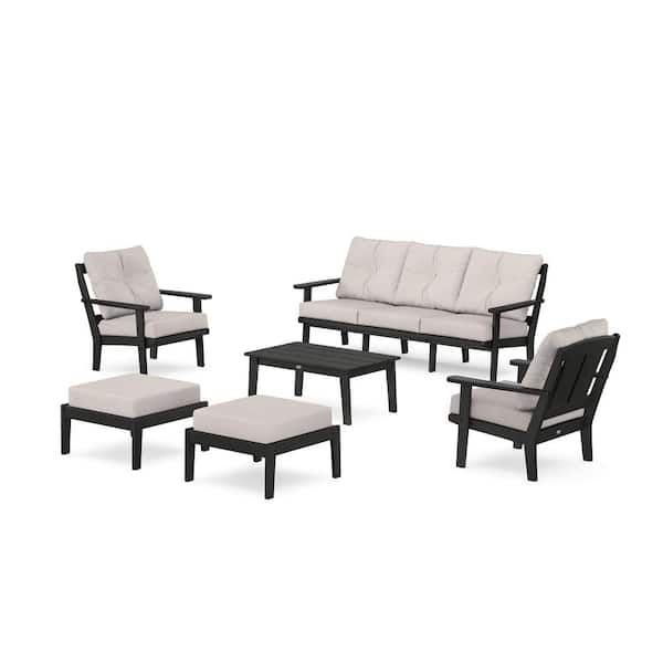 Mission 6-Pcs Plastic Lounge Sofa Set in Black/Dune Burlap Cushions