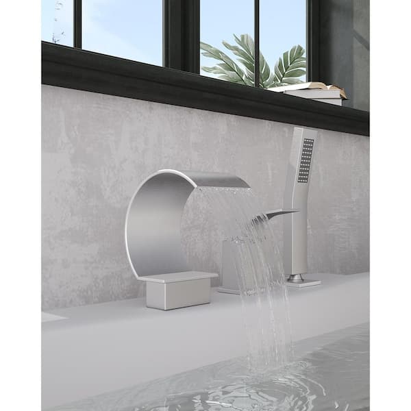 High Arc Tub Wall Mount Bathtub Faucet Single-Handle Roman Tub Faucet with Hand Shower in Brushed Nickel Valve Included