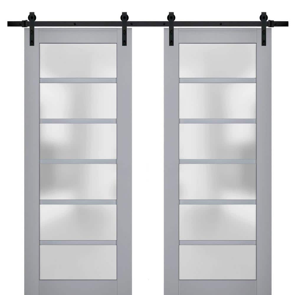 Assemble Required 18 in. x 84 in. 2-Panel Frosted Glass Matte Grey Solid Wood Sliding Barn Door with Hardware Kit price history on PriceWatchPro