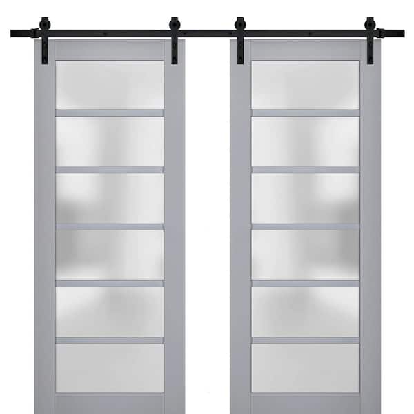 Sartodoors 18 in. x 96 in. 2 Panel Frosted Glass Matte Grey Solid Wood Sliding Barn Door with Hardware Kit