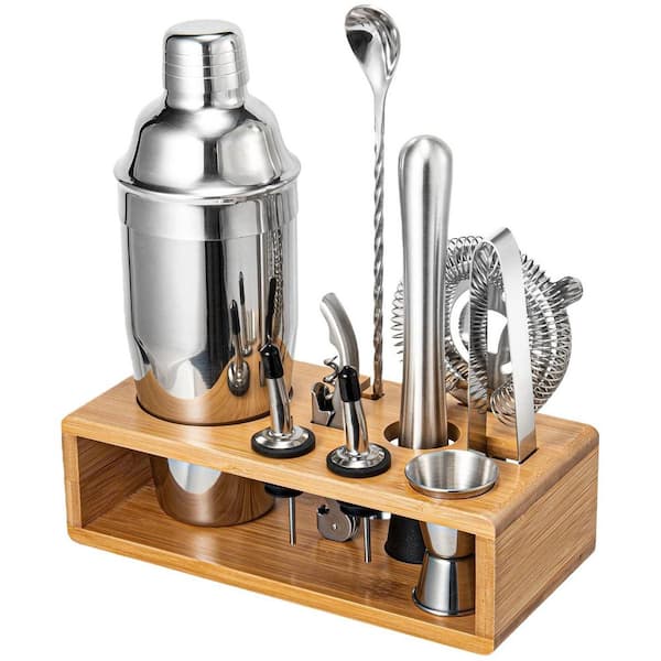 10-Piece Silver Stainless Steel 24 oz. Cocktail Shaker Set with Bamboo Stand Shaker Mixing Spoon Muddler Jigger Cocksrew