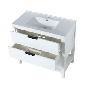 36 in. W x 18 in. D x 34 in. H Modern Freestanding Bathroom Vanity in White with Resin Top in with White Sink, 2-Drawers