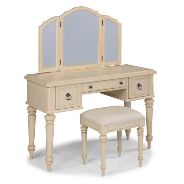HOMESTYLES Provence Off-White Vanity with Mirror and Bench 54 in. H x 46.75 in. W