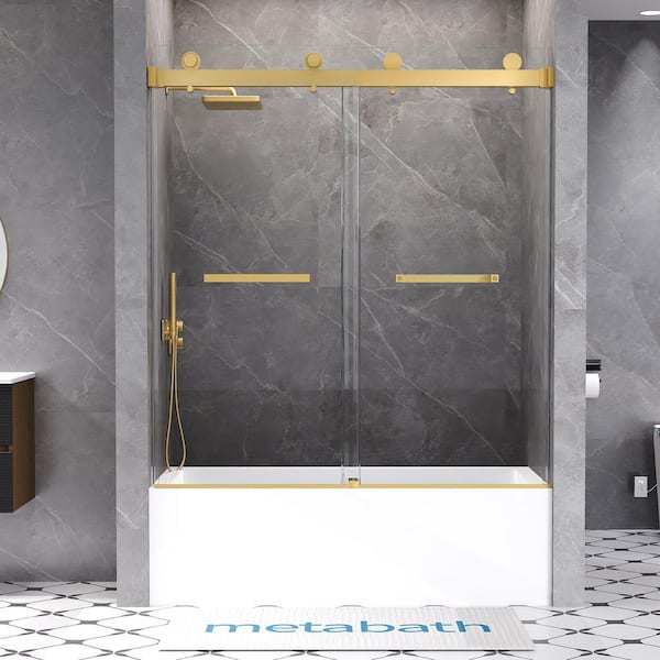Feelive 56 to 60 in. W x 66 in. H Double Sliding Frameless Tub Door in Brushed Gold with 3/8 in. Tempered Clear Glass