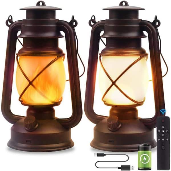 Outdoor Bronze Hanging Lantern Flickering Flame Rechargeable Retro Lanterns, 2 Pack