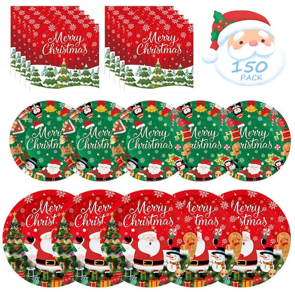 150-Piece Christmas Themed Tableware Set - Red and Green Disposable Plates and Napkins for Holiday Party Decorations