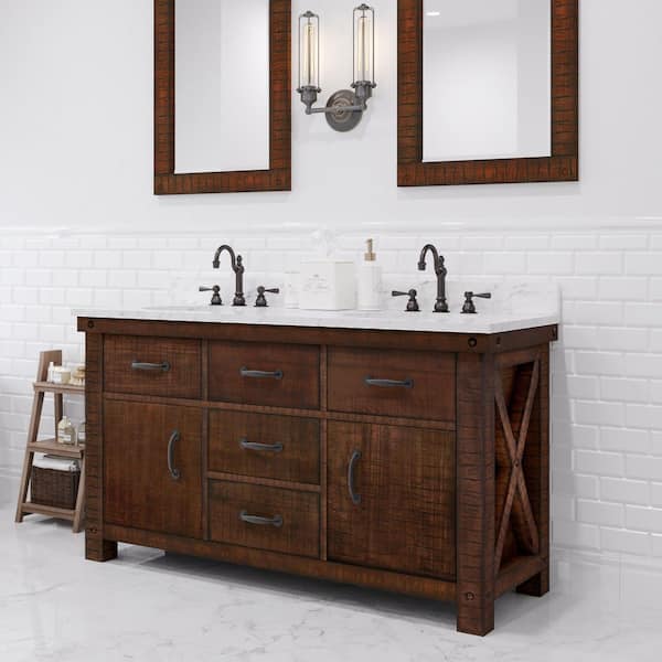 Water Creation Aberdeen 60 in. W x 22 in. D Vanity in Rustic Sienna with Marble Vanity Top in White with White Basin and Faucet