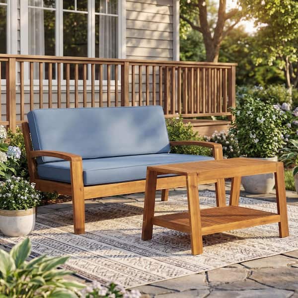 2-Piece Acacia Wood Outdoor Loveseat Set with Coffee Table and Cushions durable construction