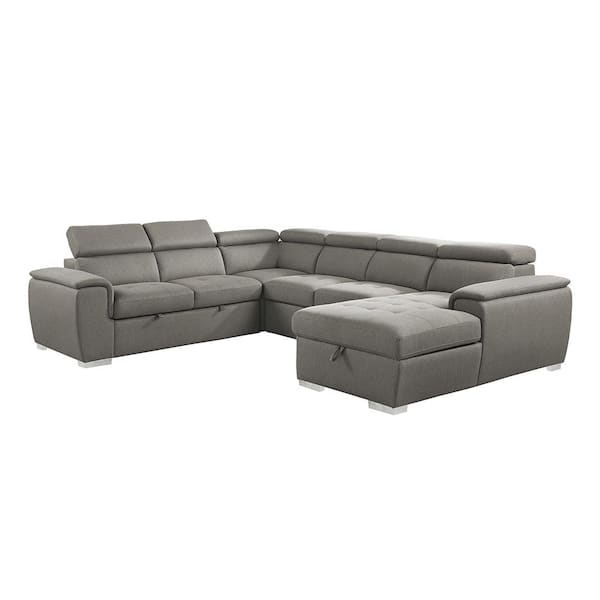 Homelegance Logan 122.5 in. Straight Arm 4-piece Chenille Sectional Sofa in Brown with Pull-out Bed and Right Chaise