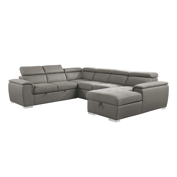 Lazzara Logan 122.5 in. Straight Arm 4-piece Chenille Sectional Sofa in Brown with Pull-out Bed and Right Chaise