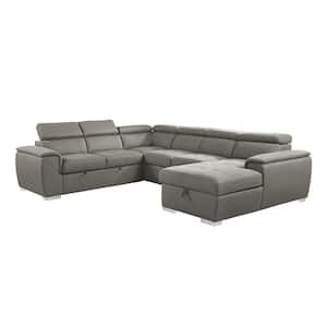 Logan 122.5 in. Straight Arm 4-piece Chenille Sectional Sofa in Brown with Pull-out Bed and Right Chaise