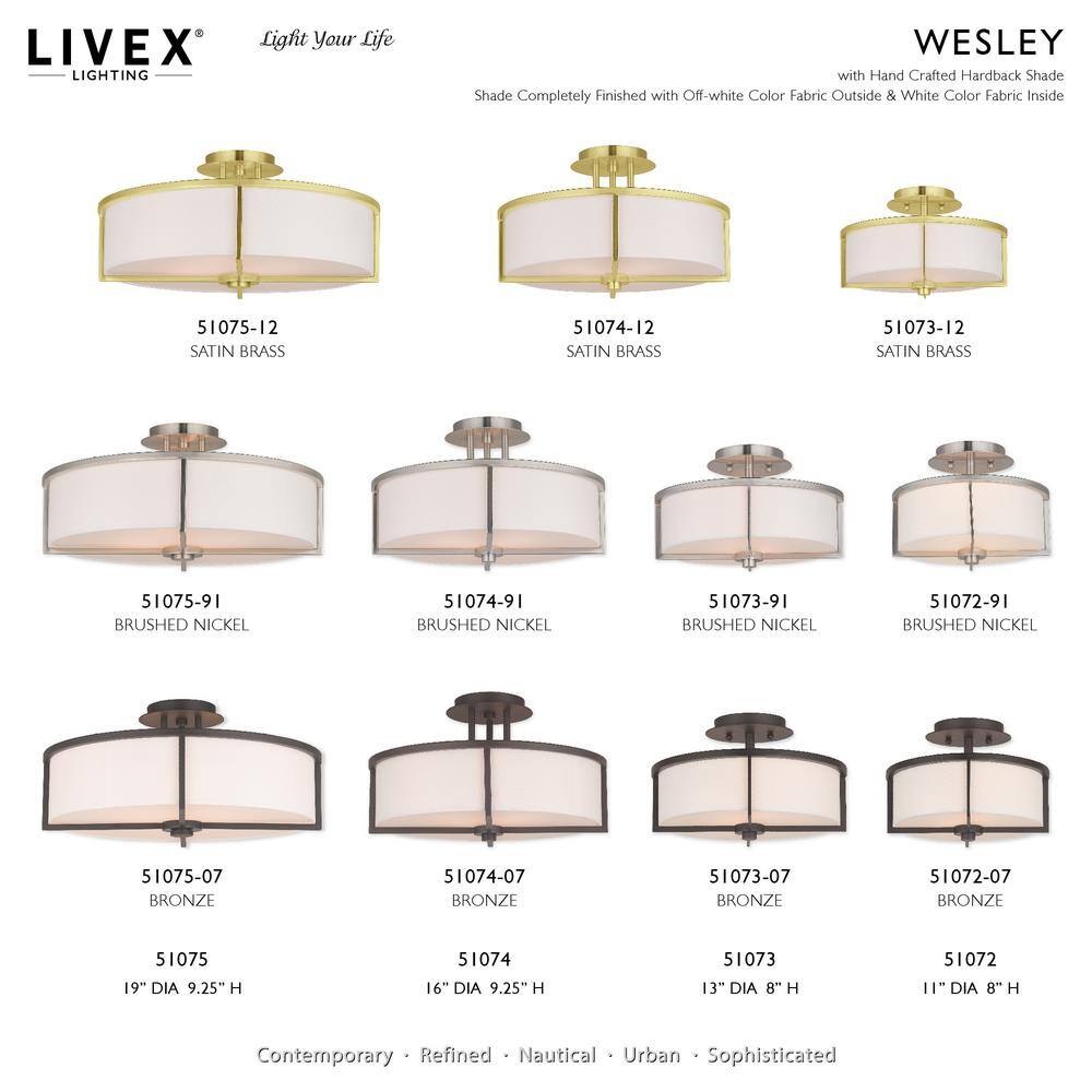 Satin Brass and Glass 3-Light Drum Semi-Flush Mount