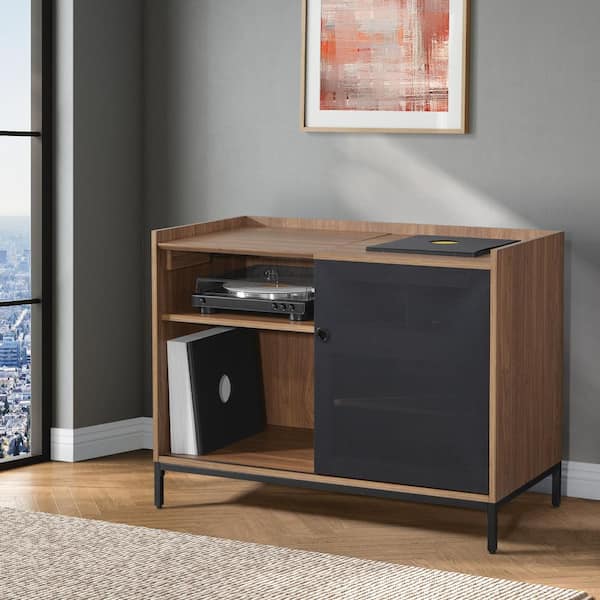 OSP Home Furnishings Colmar Record Player Stand with Album Storage in Majestic Walnut Finish