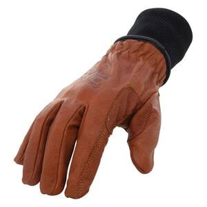 Waterproof Fleece Lined Buffalo Leather Driver Winter Work Glove with Rib Knit Cuff in Russet Brown, 3X-Large