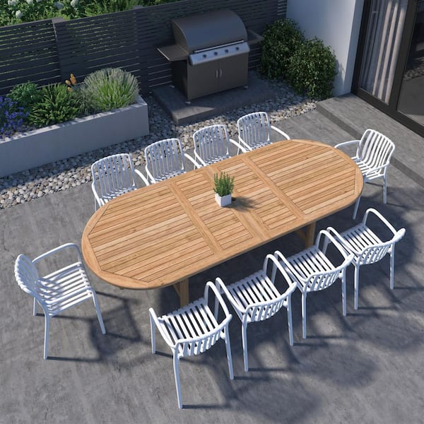 Amazonia Elmina 11-Piece Solid Teak Wood 100% FSC Oval Patio Dining Set White