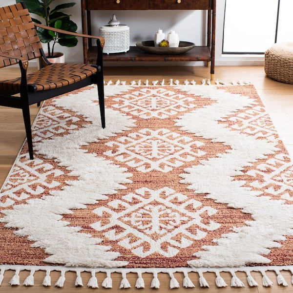 Moroccan Tassel 7 X 9 Orange/Ivory Geometric Area Rug