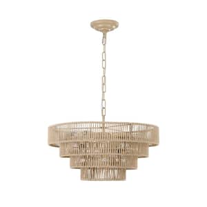 6-Light Bohemian Style Woven Natural Wood Color 4-Tier Rattan Chandelier with no Bulbs Included