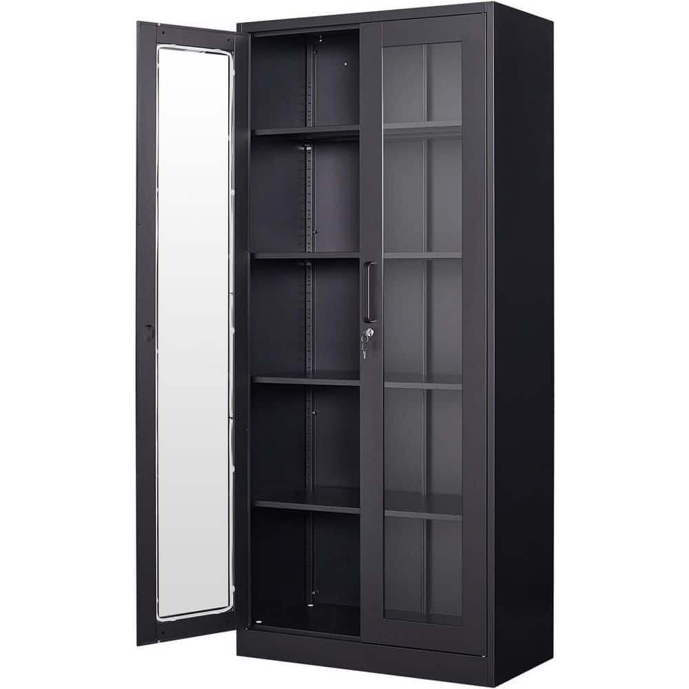 Black Wood 69 in. H Display Cabinet with Shelves