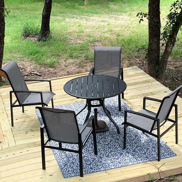 5 Piece Patio Dining Set,Outdoor Furniture 4 Textilene Chairs & 1 Round 38x 38 Metal Slatted Table with 1.5 Umbrella Hole,Outside Porch Deck Balcony Backyard Set for 4 