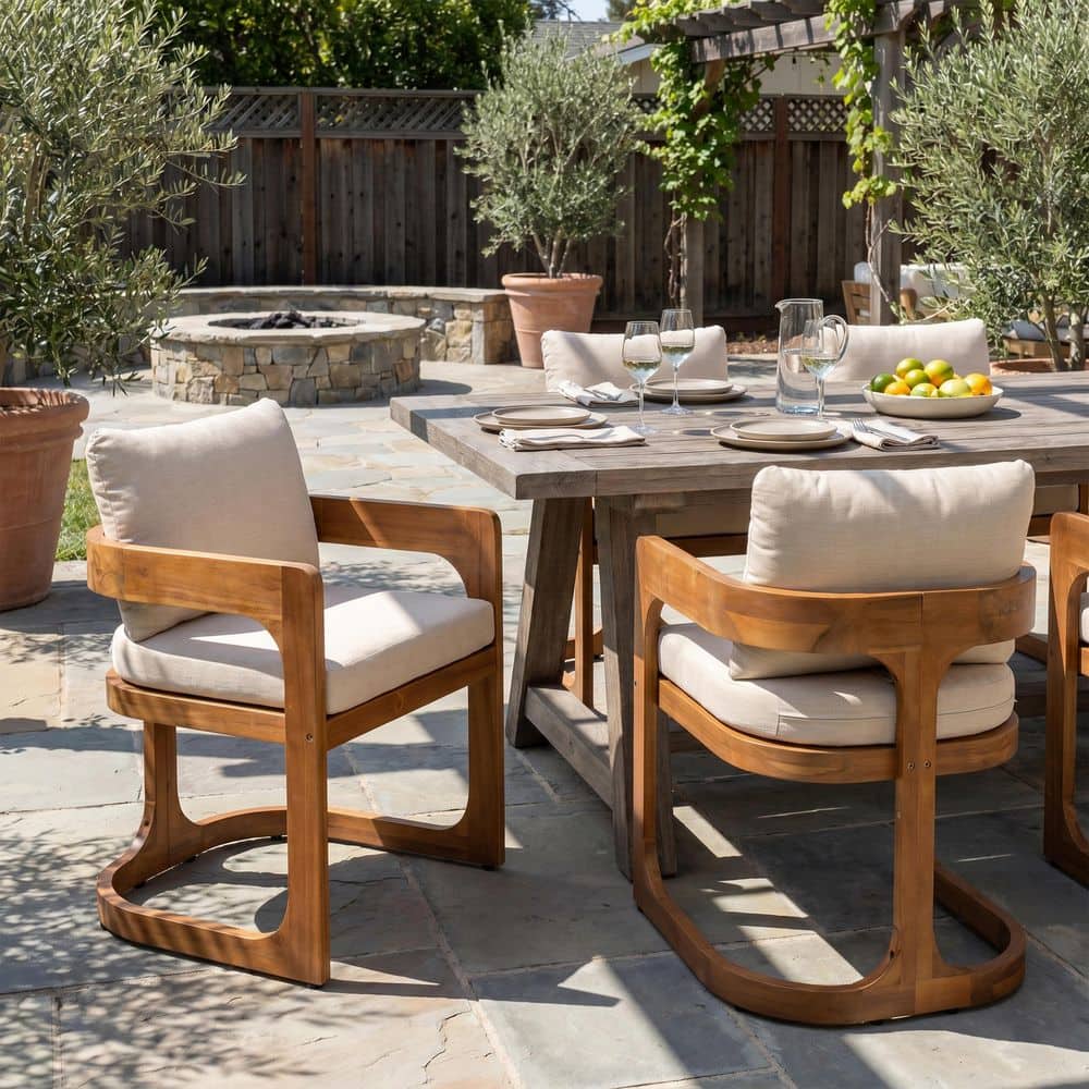 Dyron Patio Teak Finish Solid Wood Outdoor Dining Chairs with Beige Cushions, Curved Backrest, Set of 2 price history on PriceWatchPro
