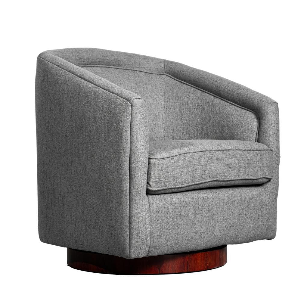 Gray Faux Leather Swivel Barrel Accent Chair with Wood Base