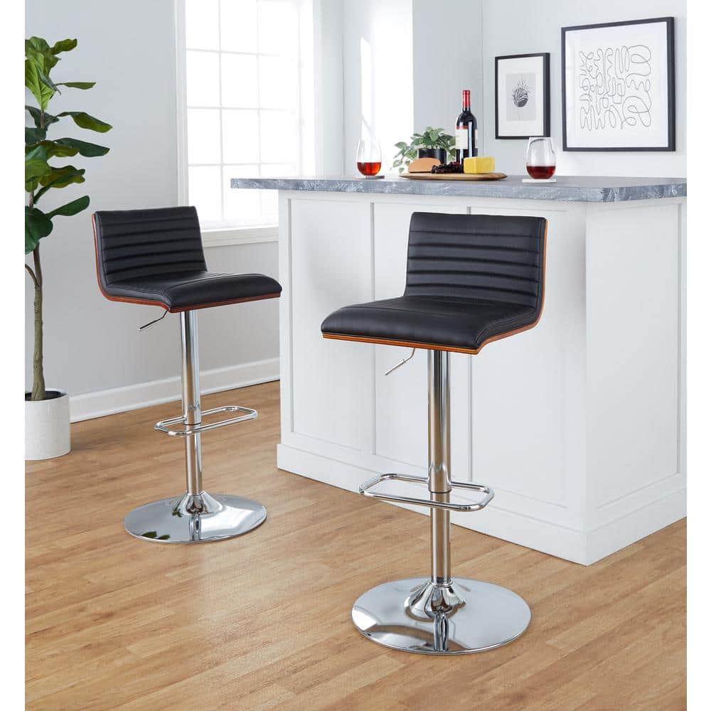 Black Adjustable Swivel Barstool with Chrome Frame and Wood Back