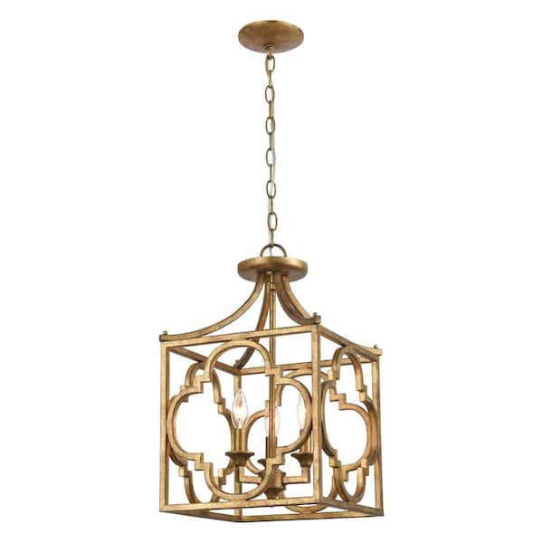 Titan Lighting Biscoe 13 in. W 3-Light Antique Gold Chandelier with No Shades