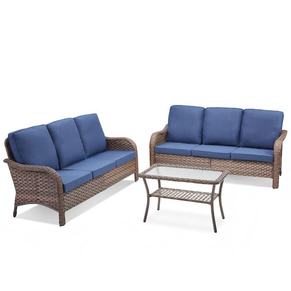 3-Piece Wicker Patio Conversation Set Outdoor Sofas with Side Table and Blue Cushions