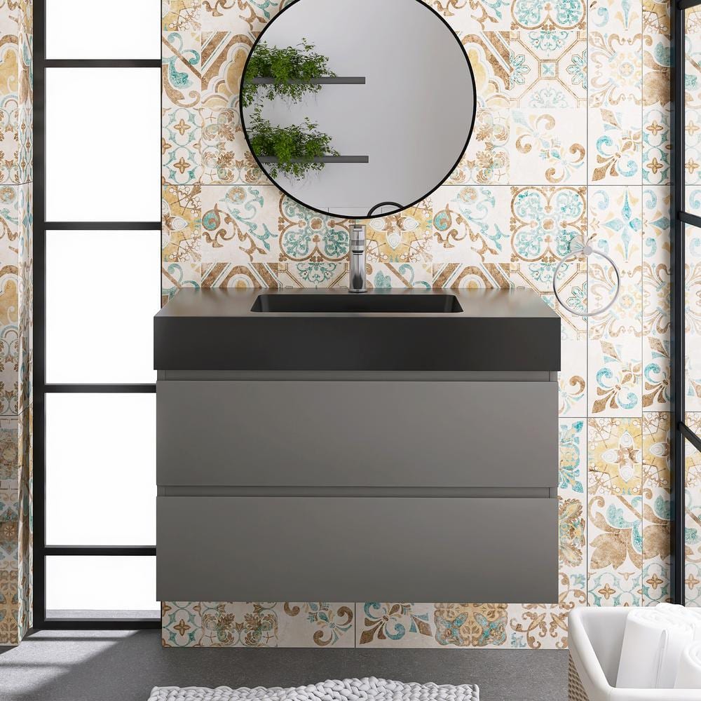 36 in. W x 18 in. D x 25.2 in. H Single Sink Wall-Mounted Bath Vanity in Gray with Black Solid Surface Top price history on PriceWatchPro
