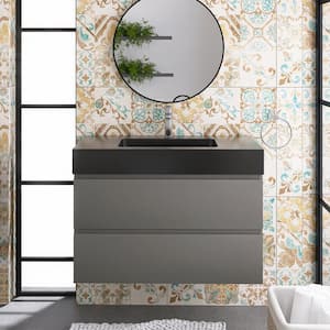 36 in. W x 18 in. D x 25.2 in. H Single Sink Wall-Mounted Bath Vanity in Gray with Black Solid Surface Top