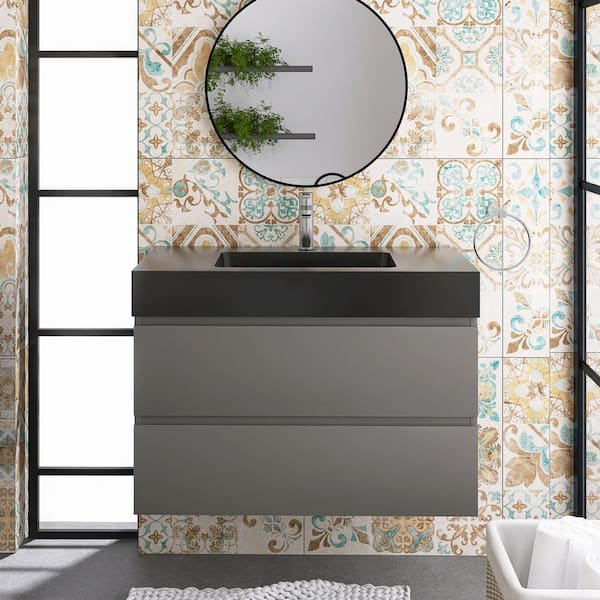 Staykiwi 36 in. W x 18 in. D x 25.2 in. H Single Sink Wall-Mounted Bath Vanity in Gray with Black Solid Surface Top