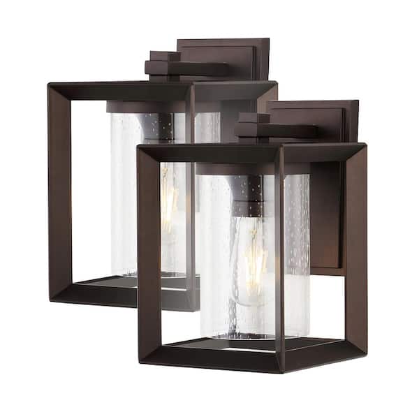 JONATHAN Y Vaughn 7.25 in. 1-Light Oil Rubbed Bronze Iron/Glass Modern Rustic Cube LED Outdoor Wall Sconce (Set of 2)