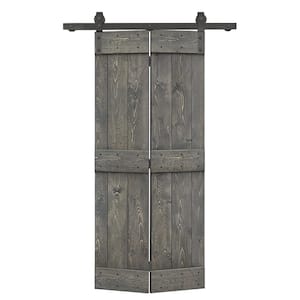 26 in. x 84 in. Mid-Bar Series Weather Gray Stained DIY Wood Bi-Fold Barn Door with Sliding Hardware Kit