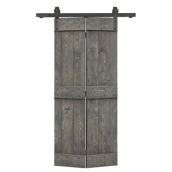 CALHOME 30 in. x 84 in. Mid-Bar Series Weather Gray Stained DIY Wood Bi-Fold Barn Door with Sliding Hardware Kit