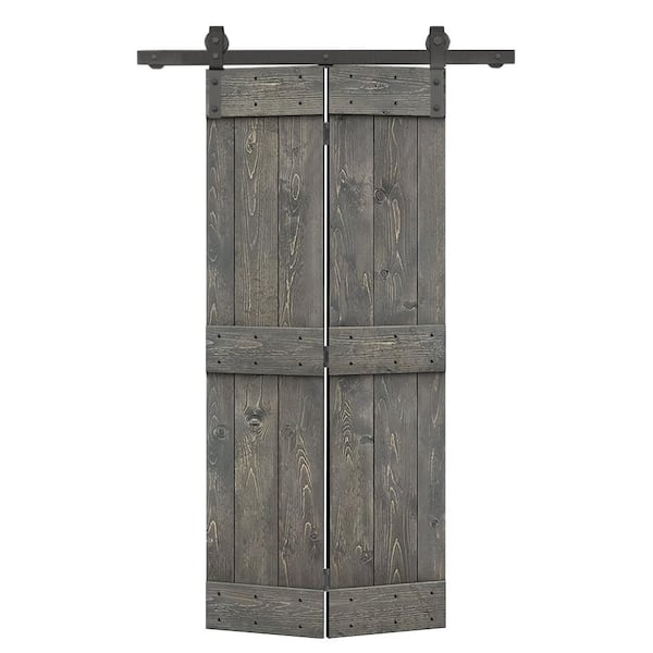 CALHOME 34 in. x 84 in. Mid-Bar Series Weather Gray Stained DIY Wood Bi-Fold Barn Door with Sliding Hardware Kit