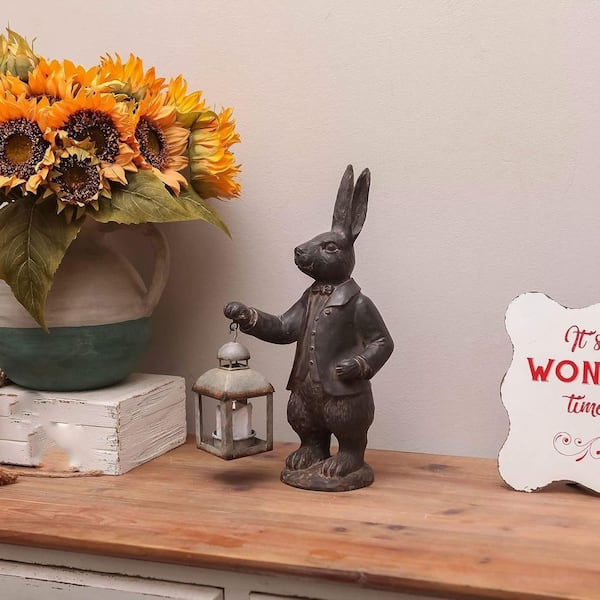 6 in. x 13 in. Brown Resin Vintage Bunny Figurine Garden Statue