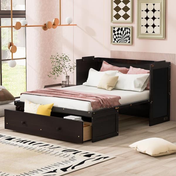 Harper & Bright Designs Espresso Brown Wood Frame Full Size Murphy Bed with A Large Drawer, USB Port and Sockets