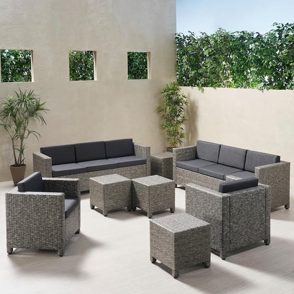 Noble House Puerta Mixed Black 8-Piece Metal Patio Conversation Seating Set with Dark Grey Cushions